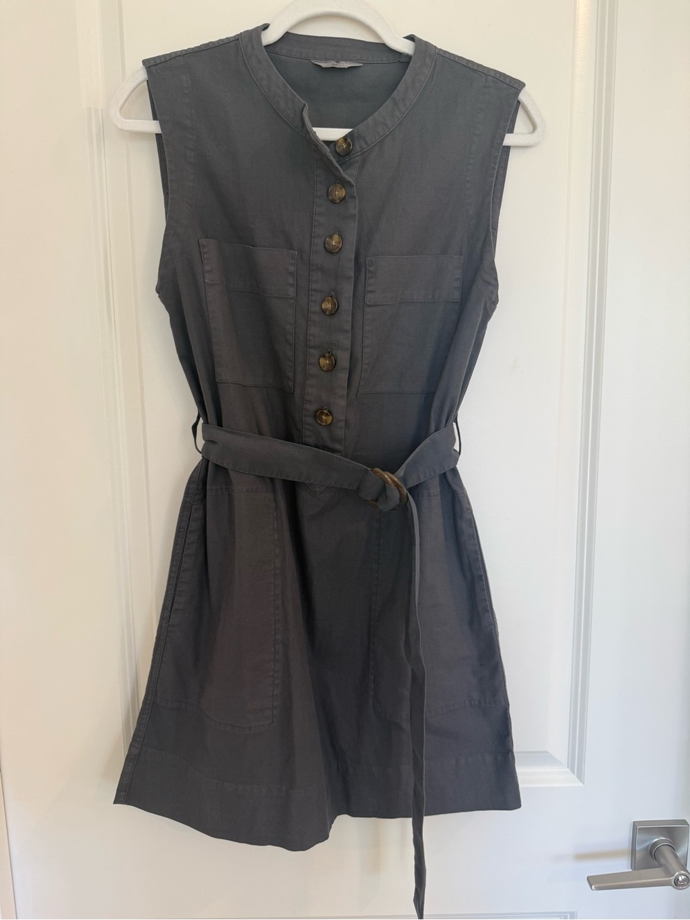 Faherty Avalon Charcoal Sleeveless Button-Up Belted Mini Dress
